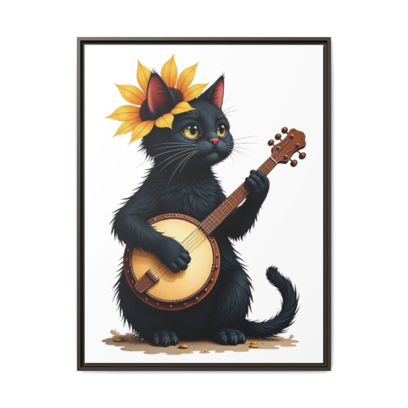 Wall Art - Black Cat Playing Banjo with Sunflower Matte Canvas Framed - Image 106