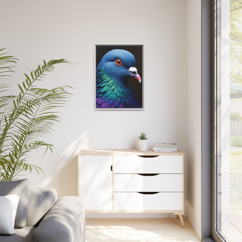 Canvas Print featuring a close-up portrait of a colorful pigeon - Image 77