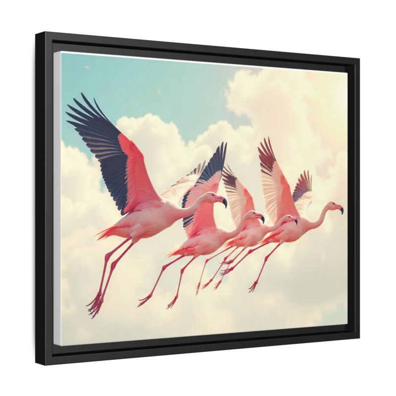 Framed Canvas - a flock of flamingos taking off in the sunlight. - Image 19