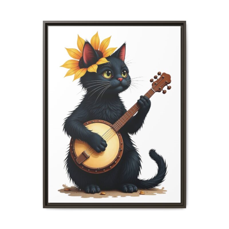 Wall Art - Black Cat Playing Banjo with Sunflower Matte Canvas Framed - Image 90