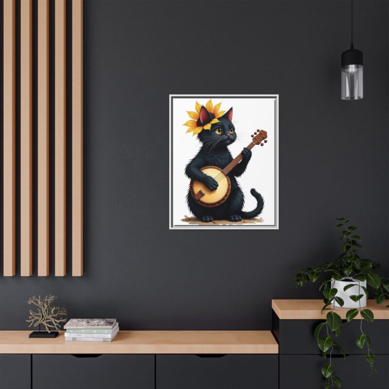 Wall Art - Black Cat Playing Banjo with Sunflower Matte Canvas Framed - Image 129