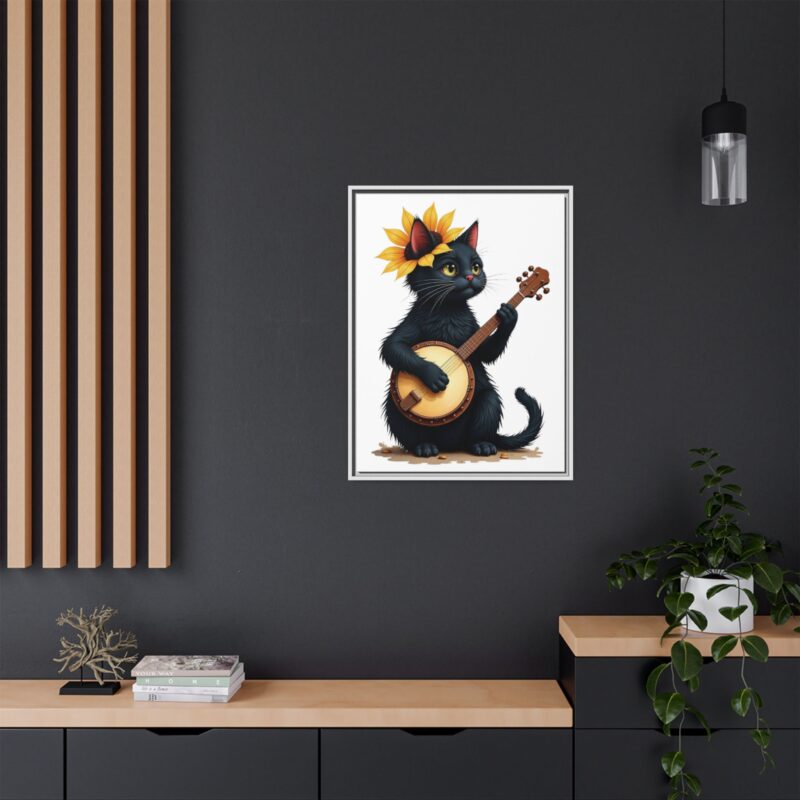 Wall Art - Black Cat Playing Banjo with Sunflower Matte Canvas Framed - Image 93