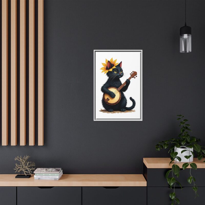 Wall Art - Black Cat Playing Banjo with Sunflower Matte Canvas Framed - Image 85
