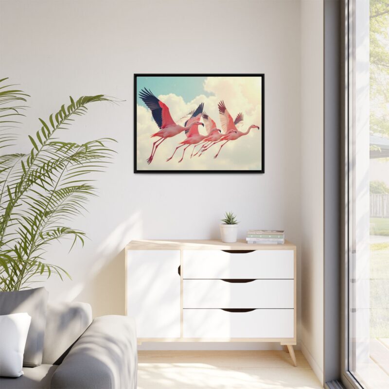 Framed Canvas - a flock of flamingos taking off in the sunlight. - Image 40