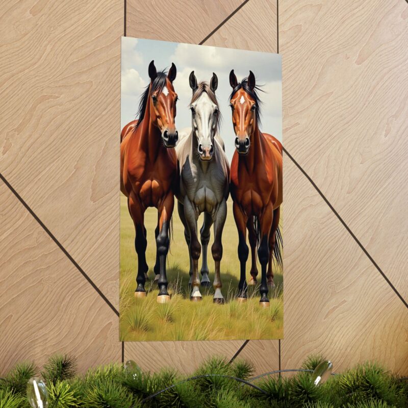 Matte Vertical Posters of Three Horses in a Grassy Field: Brown, Gray, and Chestnut - Image 78