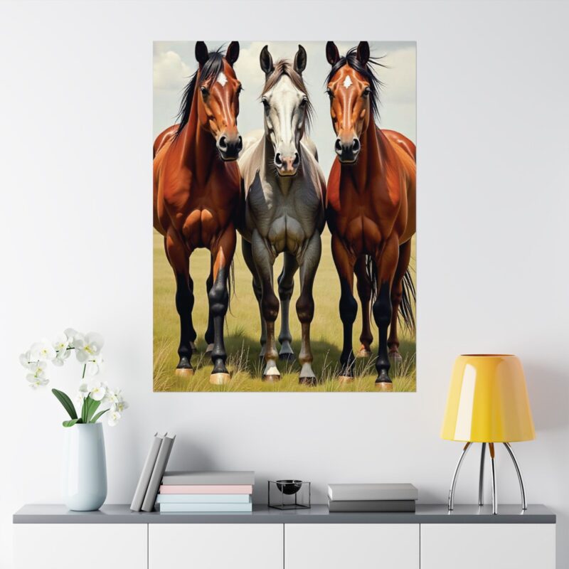 Matte Vertical Posters of Three Horses in a Grassy Field: Brown, Gray, and Chestnut - Image 112