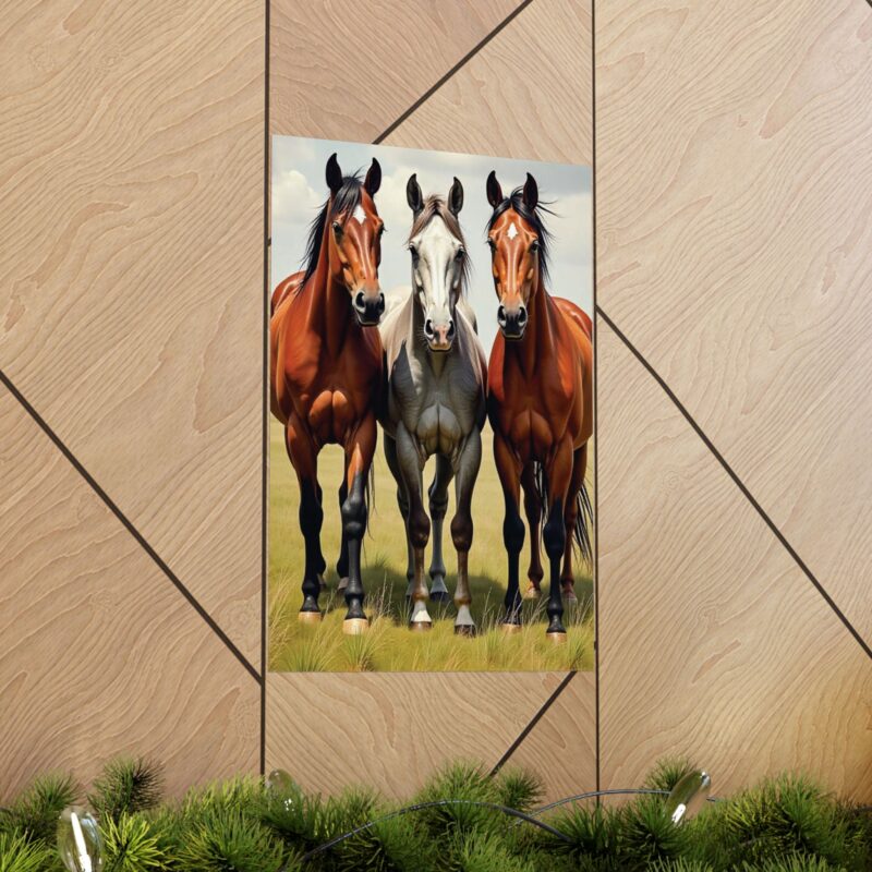 Matte Vertical Posters of Three Horses in a Grassy Field: Brown, Gray, and Chestnut - Image 70