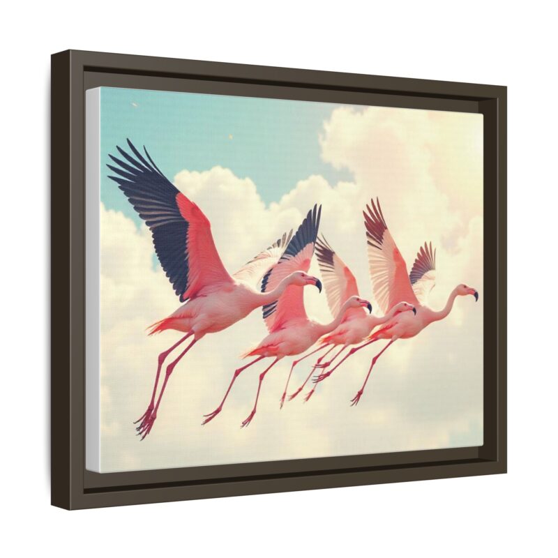 Framed Canvas - a flock of flamingos taking off in the sunlight. - Image 51