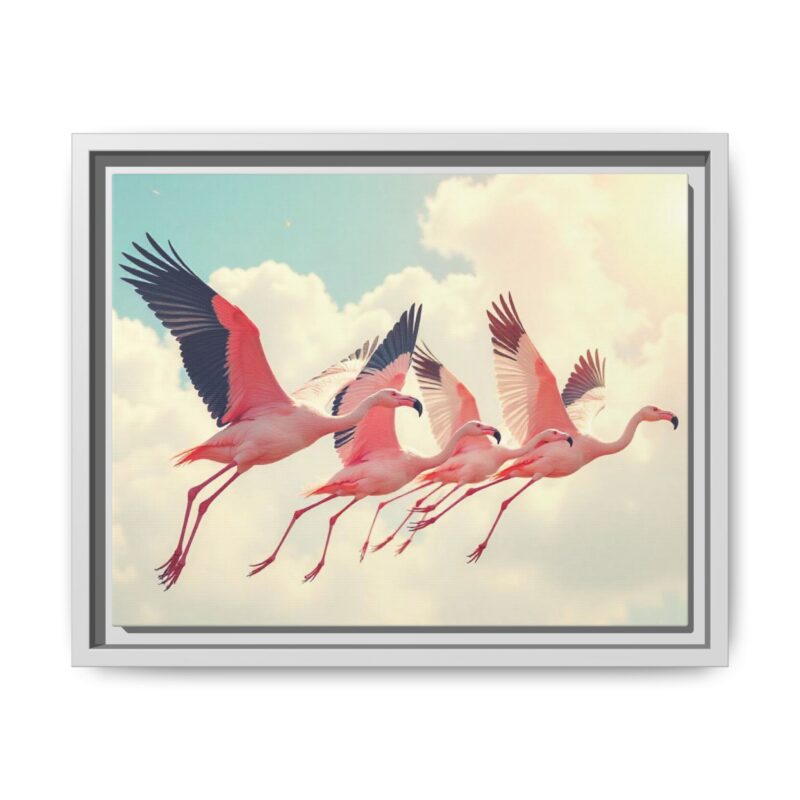 Framed Canvas - a flock of flamingos taking off in the sunlight. - Image 54