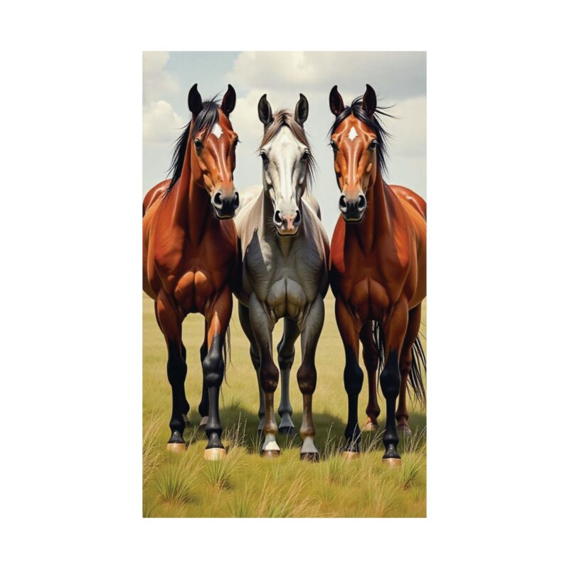 Matte Vertical Posters of Three Horses in a Grassy Field: Brown, Gray, and Chestnut - Image 75