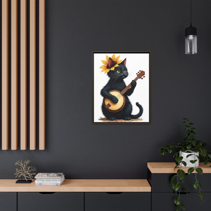 Wall Art - Black Cat Playing Banjo with Sunflower Matte Canvas Framed - Image 125
