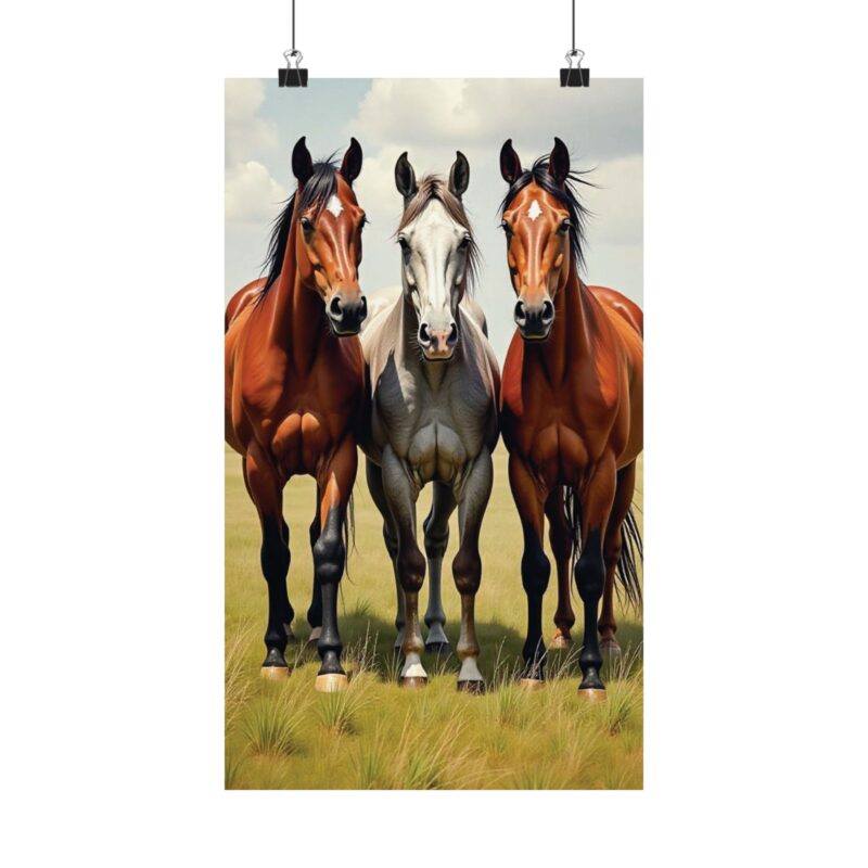 Matte Vertical Posters of Three Horses in a Grassy Field: Brown, Gray, and Chestnut - Image 2