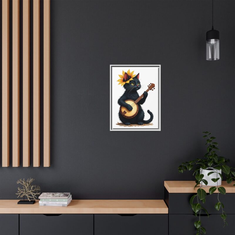Wall Art - Black Cat Playing Banjo with Sunflower Matte Canvas Framed - Image 77