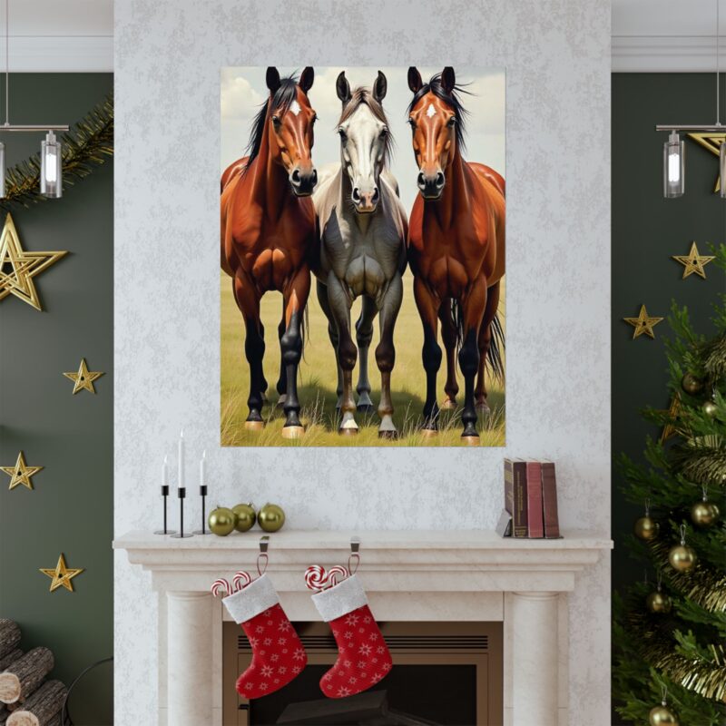 Matte Vertical Posters of Three Horses in a Grassy Field: Brown, Gray, and Chestnut - Image 111