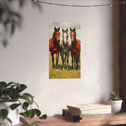 Matte Vertical Posters of Three Horses in a Grassy Field: Brown, Gray, and Chestnut