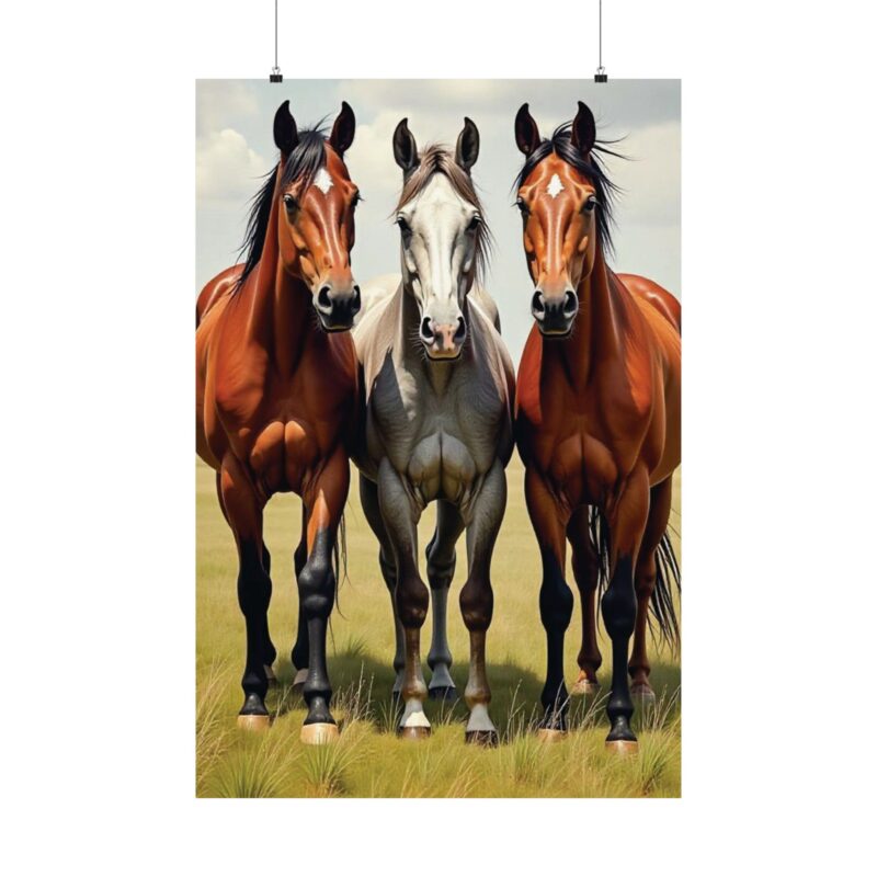 Matte Vertical Posters of Three Horses in a Grassy Field: Brown, Gray, and Chestnut - Image 98