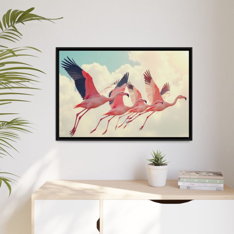 Framed Canvas - a flock of flamingos taking off in the sunlight. - Image 36