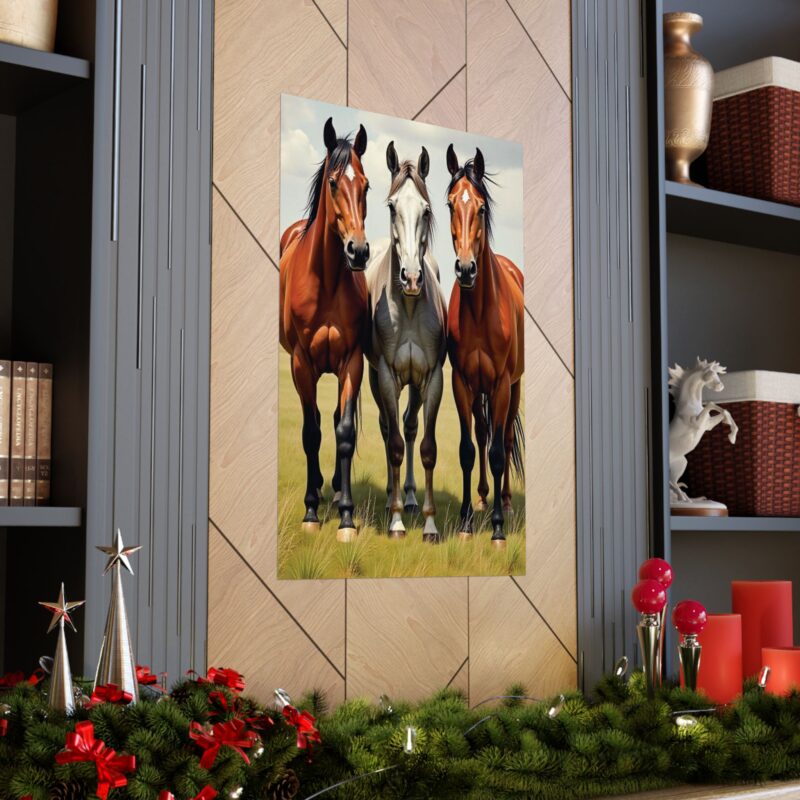 Matte Vertical Posters of Three Horses in a Grassy Field: Brown, Gray, and Chestnut - Image 102