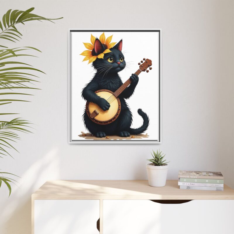 Wall Art - Black Cat Playing Banjo with Sunflower Matte Canvas Framed - Image 132