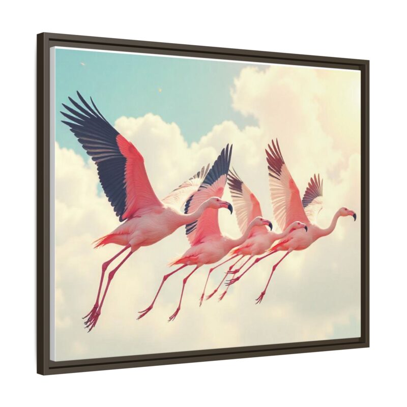 Framed Canvas - a flock of flamingos taking off in the sunlight. - Image 127