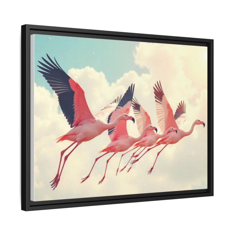 Framed Canvas - a flock of flamingos taking off in the sunlight. - Image 23