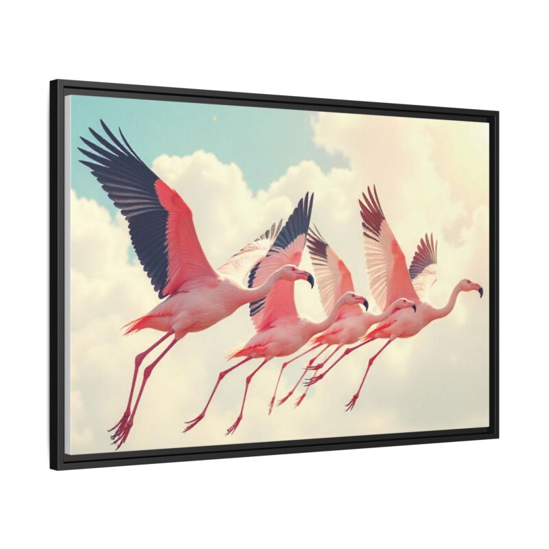 Framed Canvas - a flock of flamingos taking off in the sunlight. - Image 35