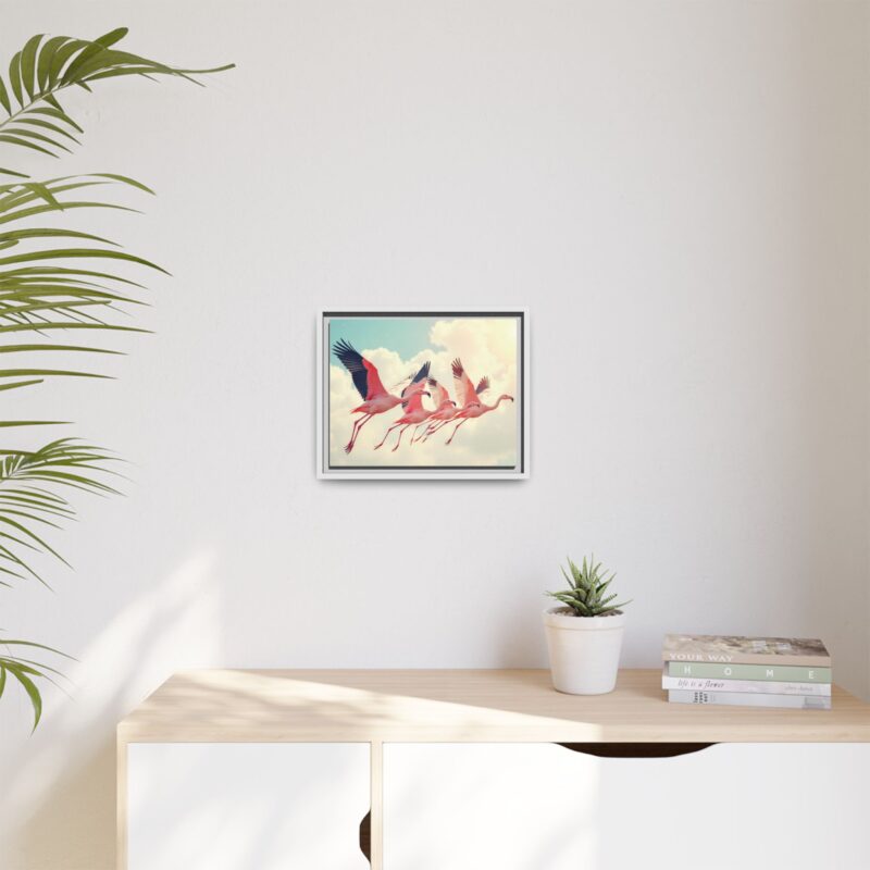 Framed Canvas - a flock of flamingos taking off in the sunlight. - Image 56