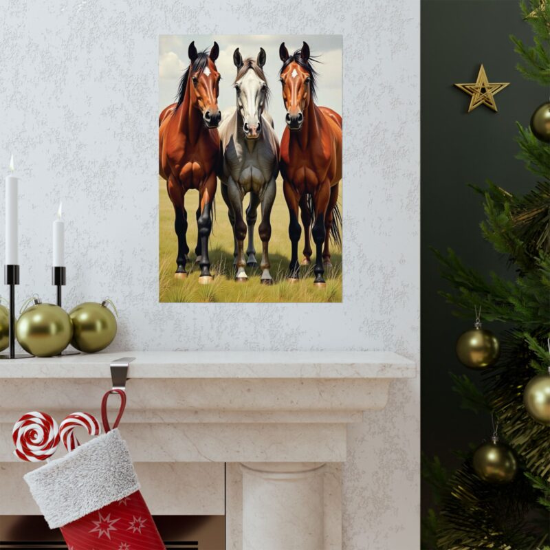 Matte Vertical Posters of Three Horses in a Grassy Field: Brown, Gray, and Chestnut - Image 71