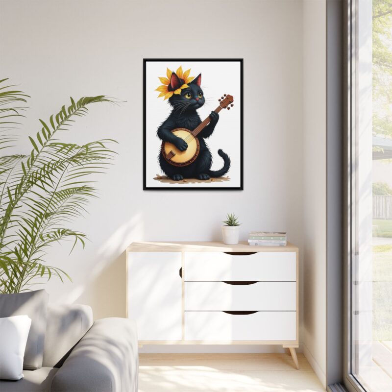 Wall Art - Black Cat Playing Banjo with Sunflower Matte Canvas Framed - Image 40