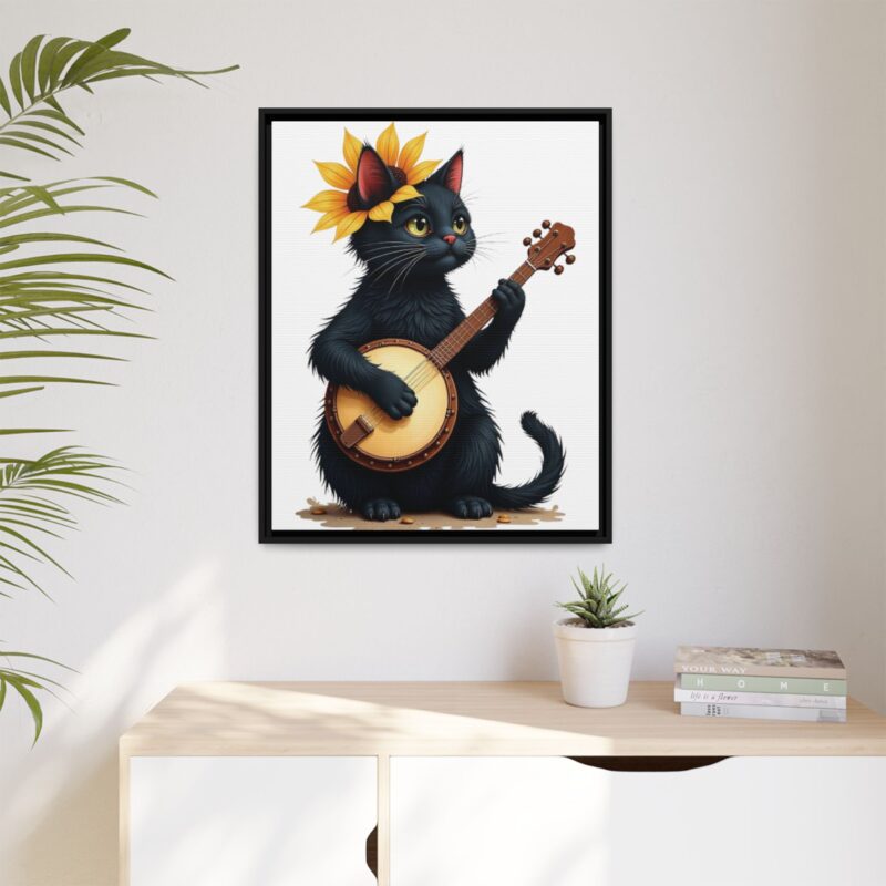 Wall Art - Black Cat Playing Banjo with Sunflower Matte Canvas Framed - Image 124