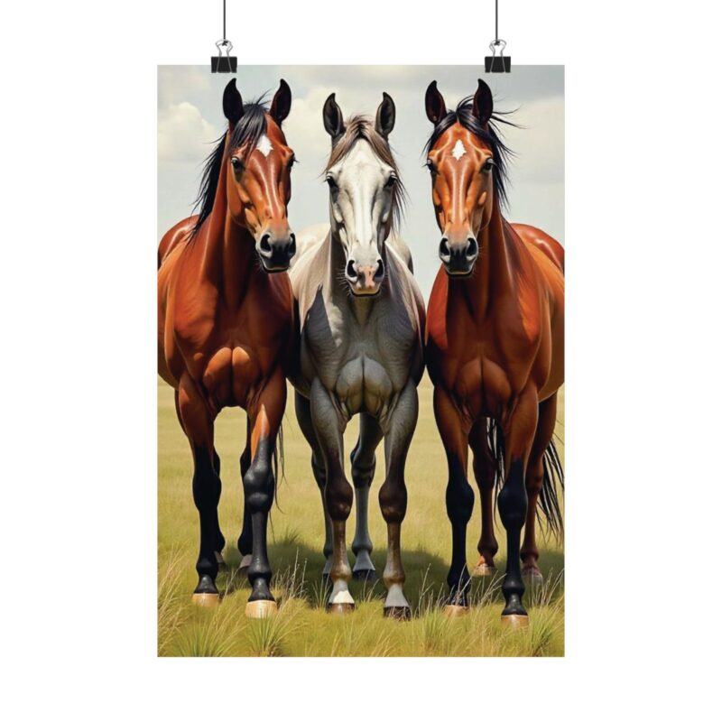 Matte Vertical Posters of Three Horses in a Grassy Field: Brown, Gray, and Chestnut - Image 50