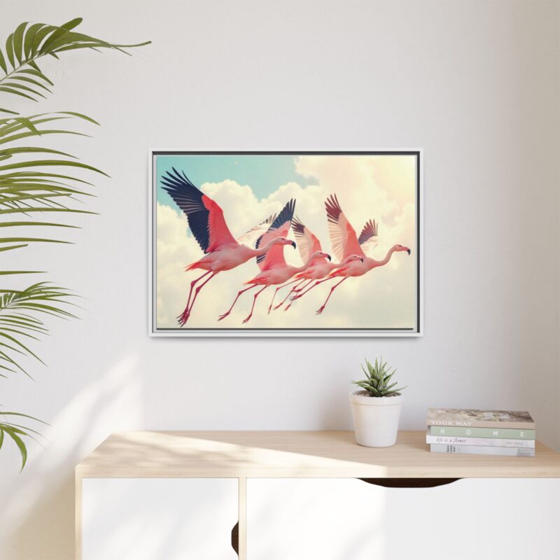 Framed Canvas - a flock of flamingos taking off in the sunlight. - Image 88