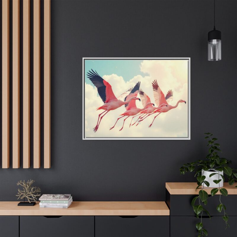 Framed Canvas - a flock of flamingos taking off in the sunlight. - Image 109