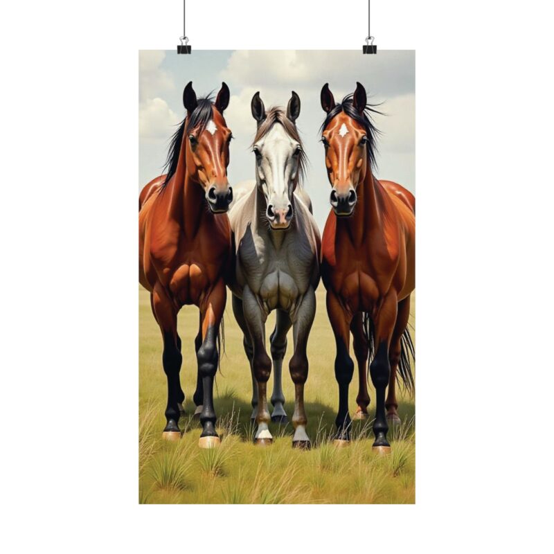 Matte Vertical Posters of Three Horses in a Grassy Field: Brown, Gray, and Chestnut - Image 74