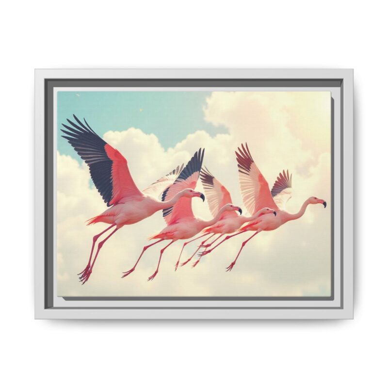 Framed Canvas - a flock of flamingos taking off in the sunlight. - Image 46