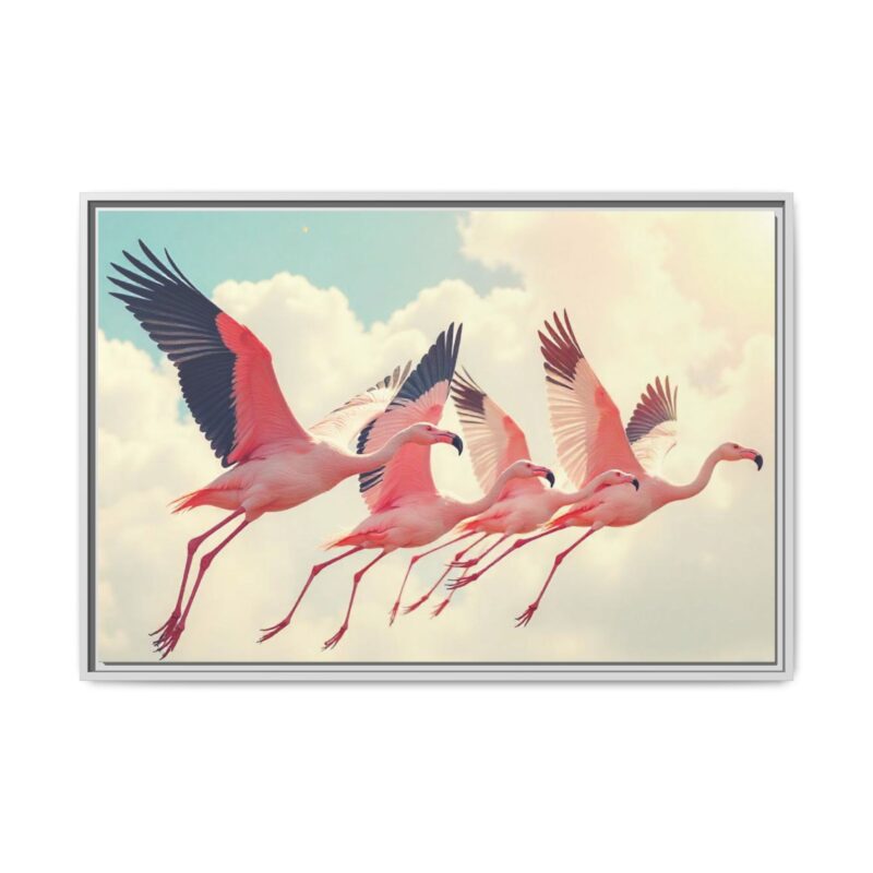 Framed Canvas - a flock of flamingos taking off in the sunlight. - Image 101