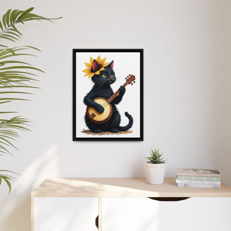 Wall Art - Black Cat Playing Banjo with Sunflower Matte Canvas Framed - Image 24