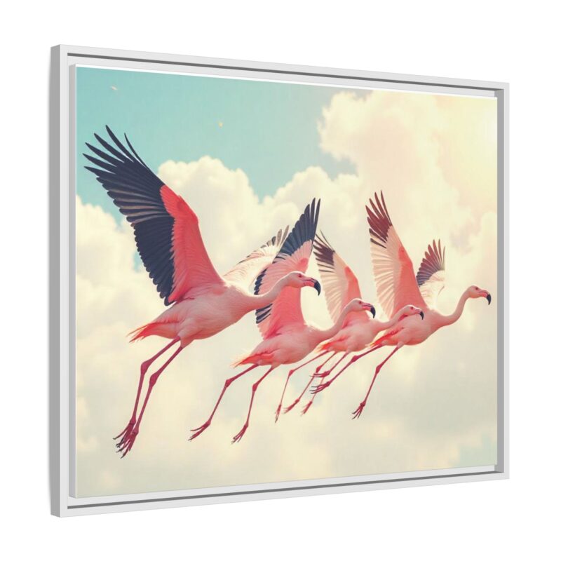 Framed Canvas - a flock of flamingos taking off in the sunlight. - Image 131