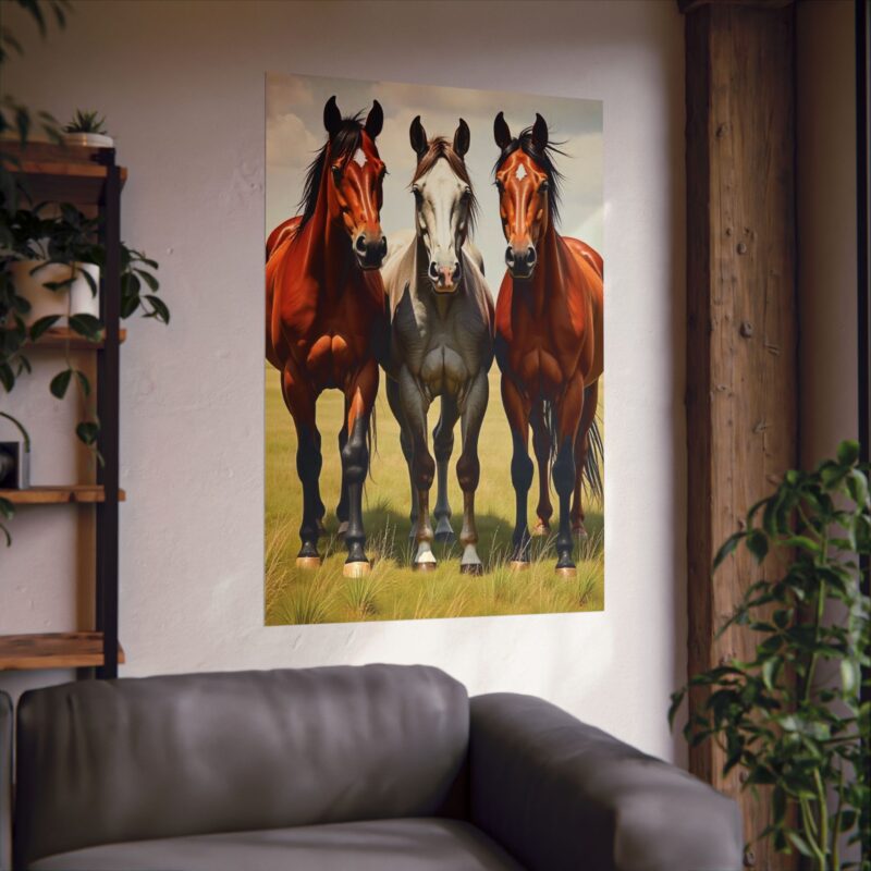 Matte Vertical Posters of Three Horses in a Grassy Field: Brown, Gray, and Chestnut - Image 113