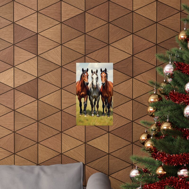 Matte Vertical Posters of Three Horses in a Grassy Field: Brown, Gray, and Chestnut - Image 5