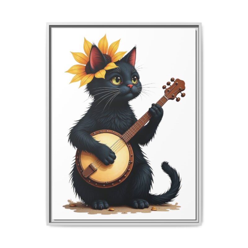 Wall Art - Black Cat Playing Banjo with Sunflower Matte Canvas Framed - Image 94