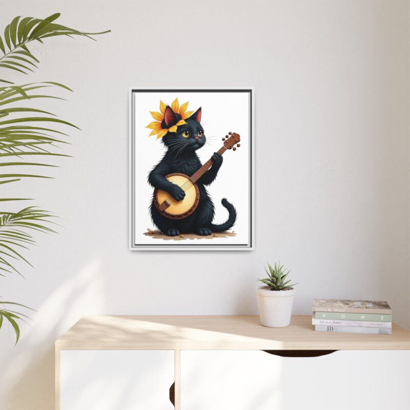 Wall Art - Black Cat Playing Banjo with Sunflower Matte Canvas Framed - Image 80