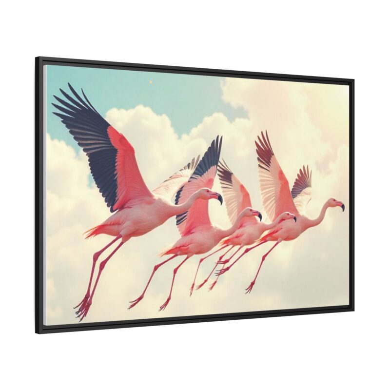 Framed Canvas - a flock of flamingos taking off in the sunlight. - Image 3