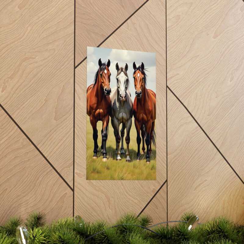Matte Vertical Posters of Three Horses in a Grassy Field: Brown, Gray, and Chestnut - Image 6