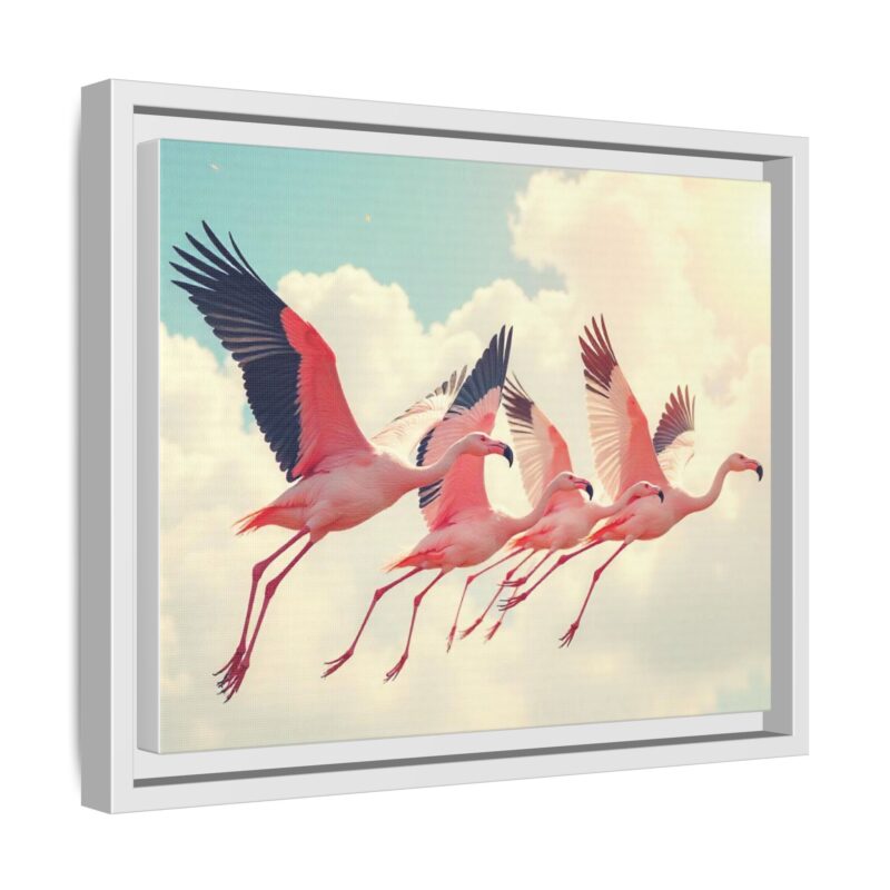 Framed Canvas - a flock of flamingos taking off in the sunlight. - Image 55