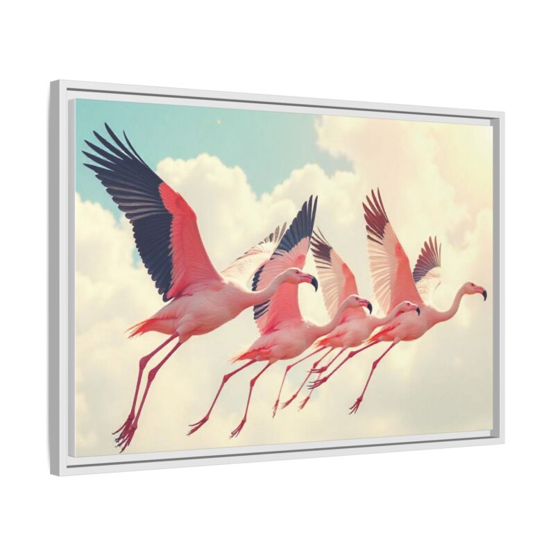 Framed Canvas - a flock of flamingos taking off in the sunlight. - Image 87