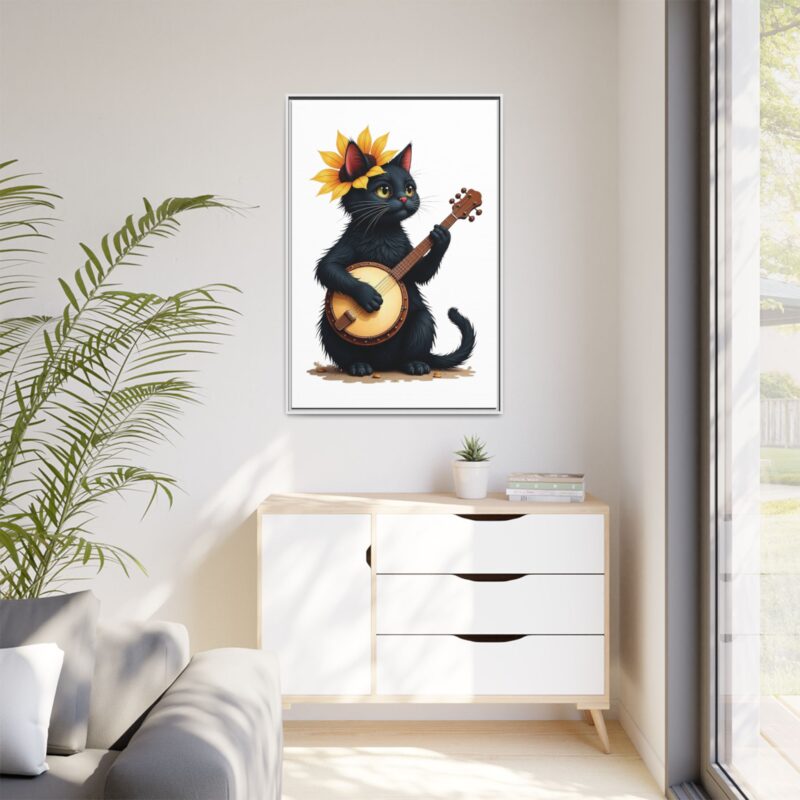 Wall Art - Black Cat Playing Banjo with Sunflower Matte Canvas Framed - Image 120