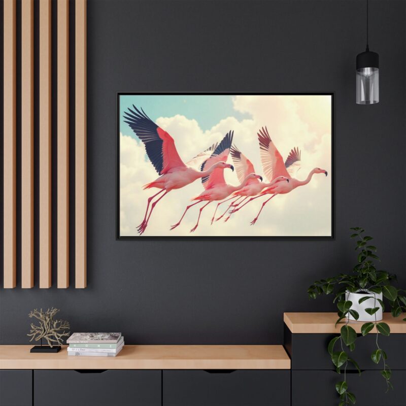 Framed Canvas - a flock of flamingos taking off in the sunlight.