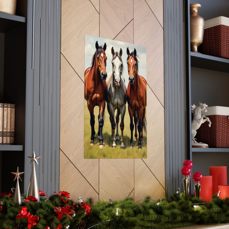 Matte Vertical Posters of Three Horses in a Grassy Field: Brown, Gray, and Chestnut - Image 30