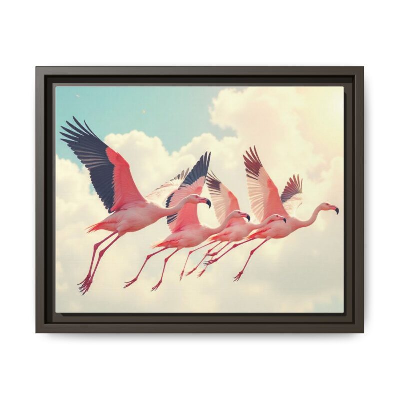 Framed Canvas - a flock of flamingos taking off in the sunlight. - Image 50